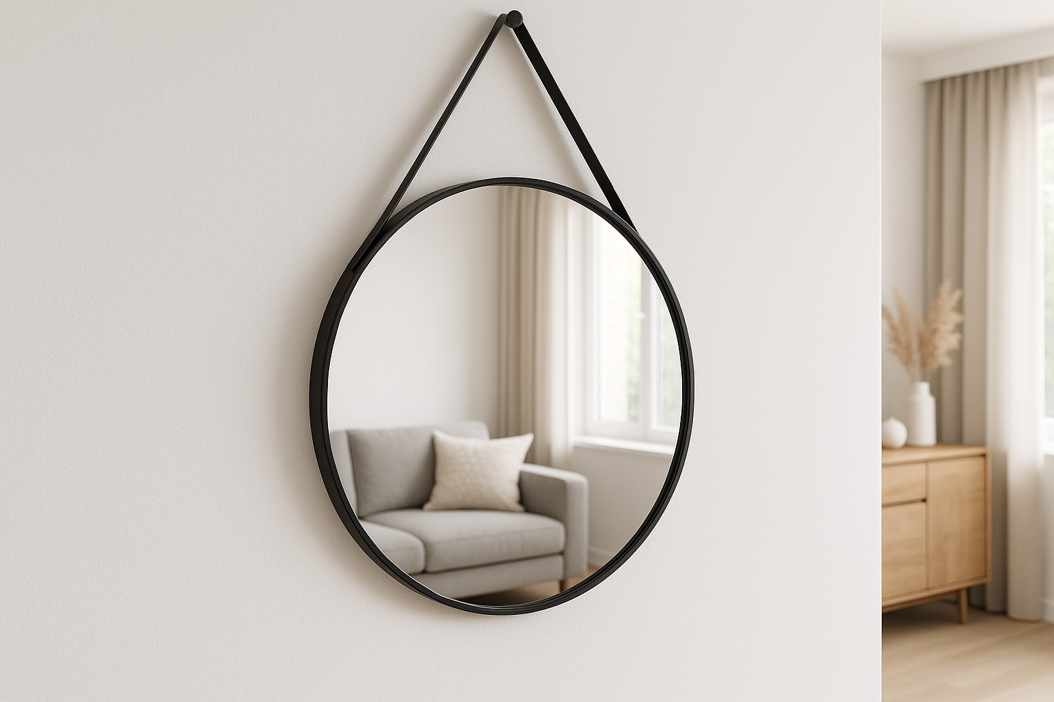 Espelho Decorativo Redondo 60cm Moldura Preta com Alça Couro